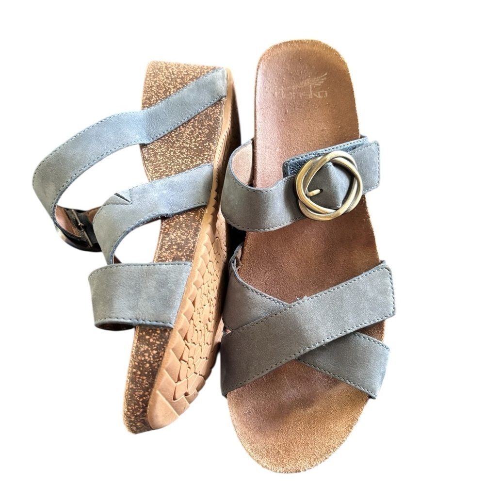 Dansko Susie Nubuck Wedge Sandal 41/10.5-11 Smokey Blue Comfort Adjustable Strap - Picture 2 of 5